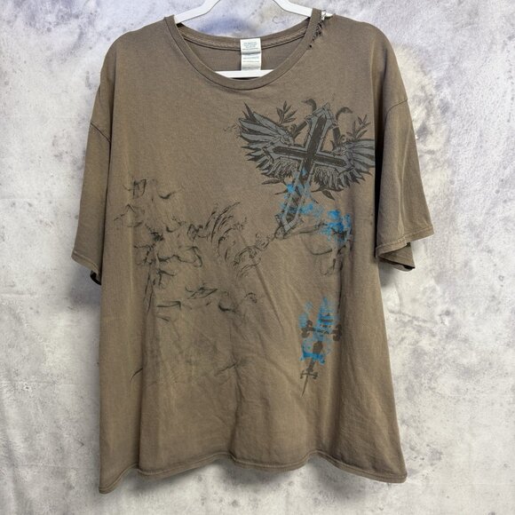 Y2K Style Grunge Cross T Shirt Mens 2XL Gray Short Sleeve - Picture 1 of 16